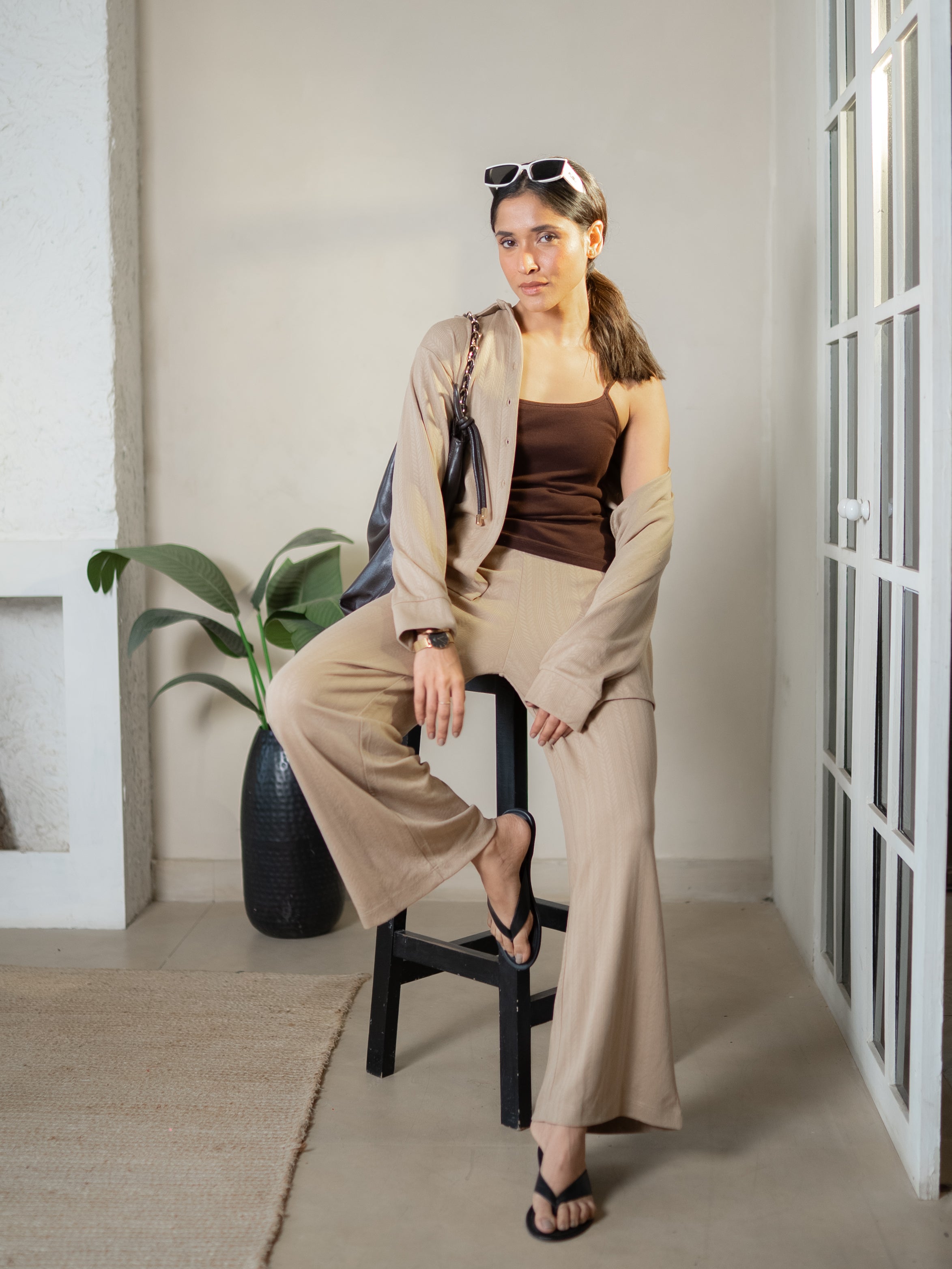 Beige Button Down Textured Jersey Co-Ord Set