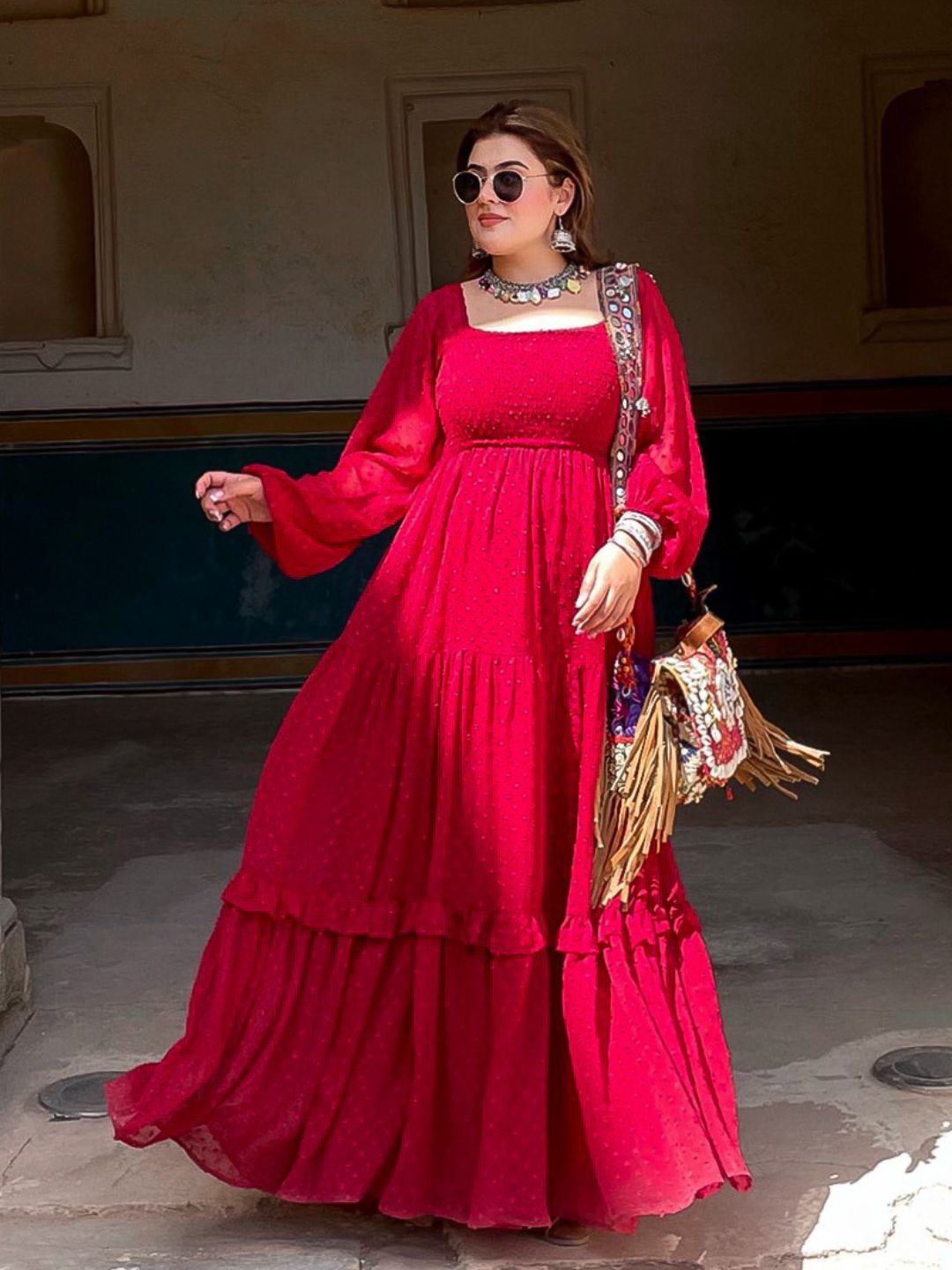 Red Dobby Smocked Maxi Dress