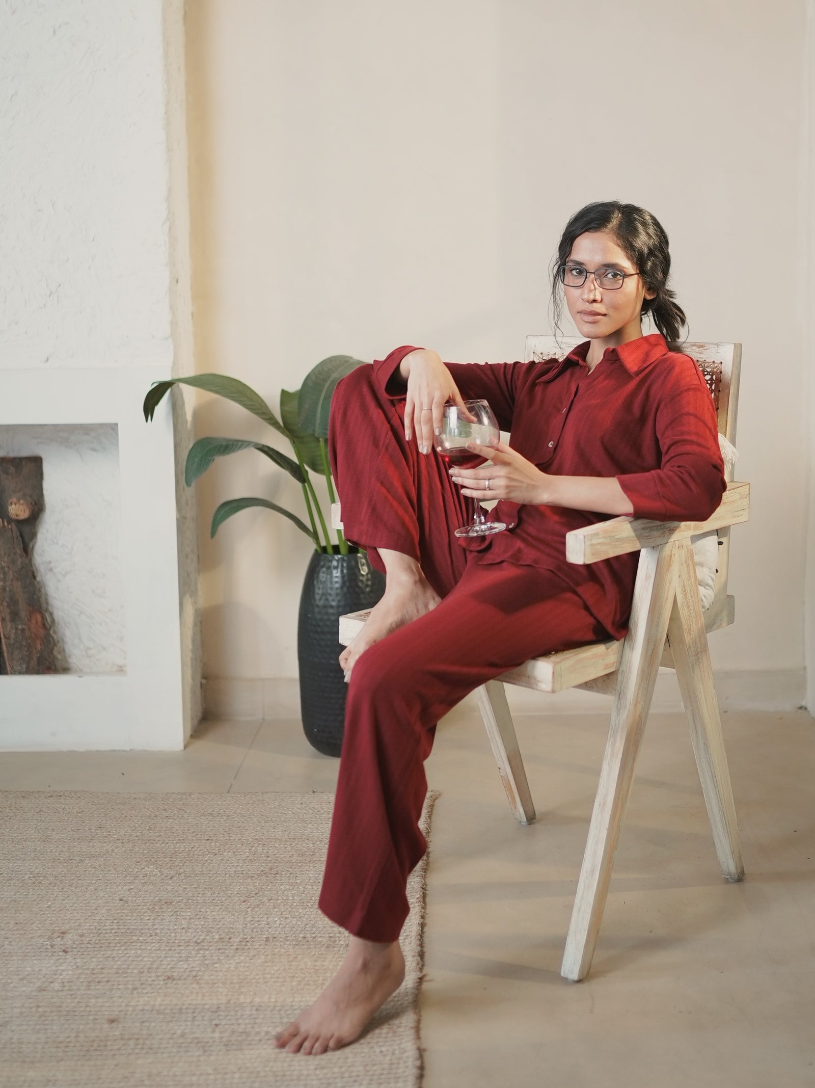 Red Button Down Textured Jersey Co-Ord Set