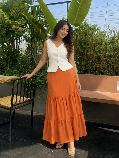 Cotton Linen Rust Tiered Maxi Skirt 