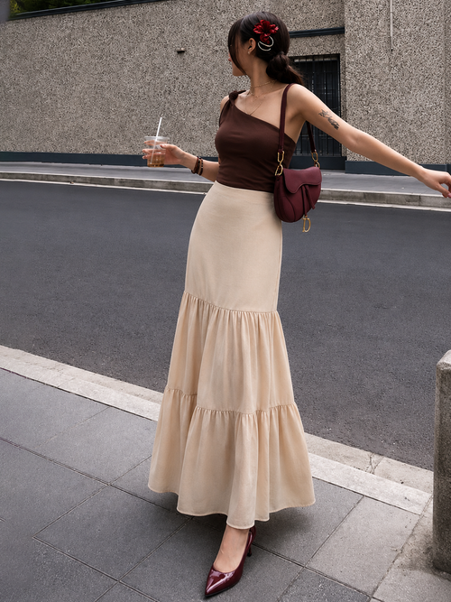 Cotton Linen Beige Tiered Maxi Skirt 