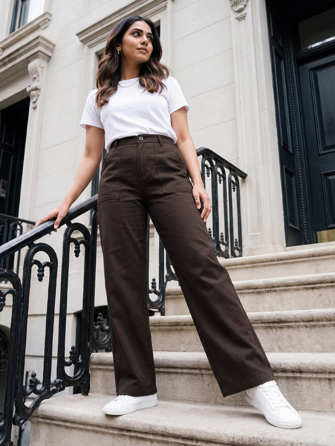 Coffee Brown Twill Straight Fit Pants