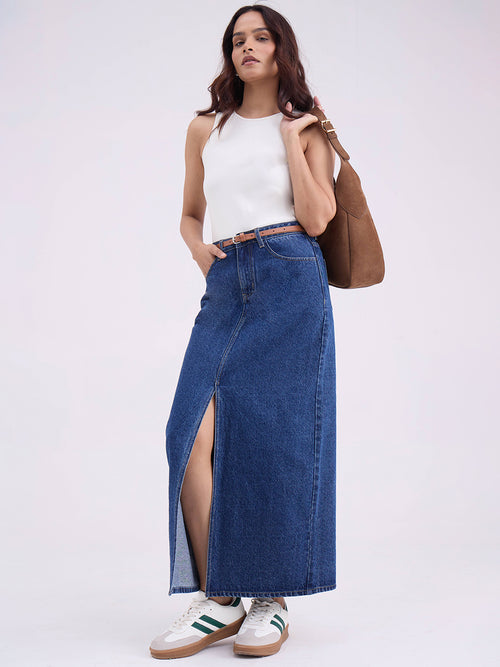 Navy Blue Denim Front Slit Maxi Skirt