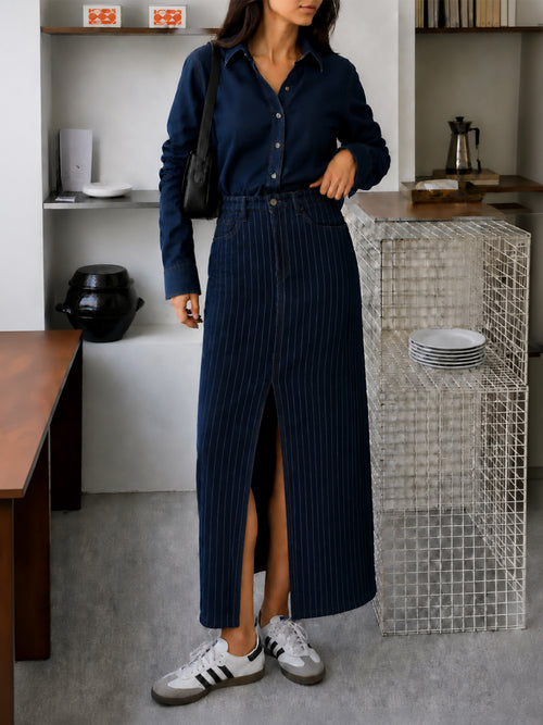 DenimClassic Front Slit Stripe Maxi Skirt