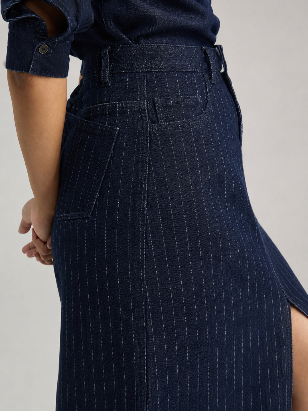 DenimClassic Front Slit Stripe Maxi Skirt