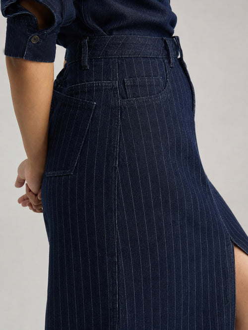 DenimClassic Front Slit Stripe Maxi Skirt