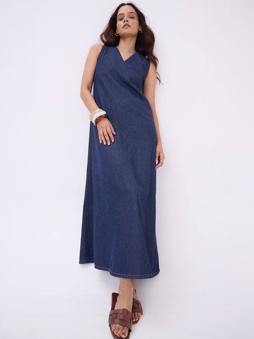 Navy Blue Denim Maxi Dress