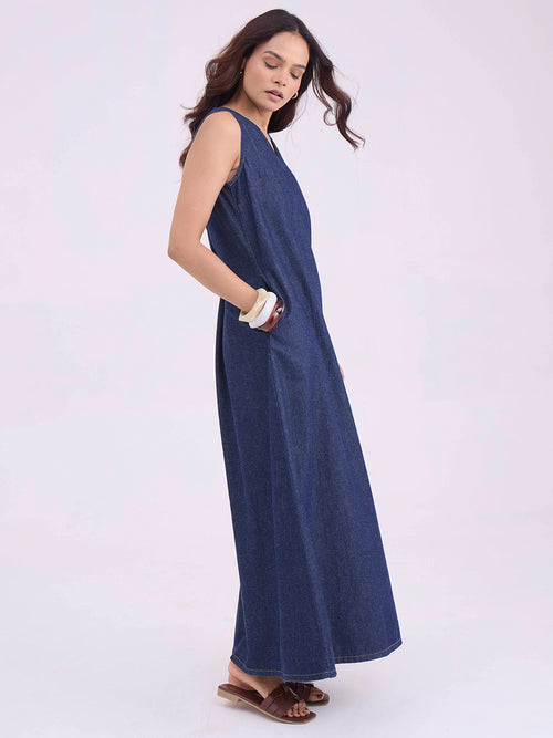 Navy Blue Denim Maxi Dress