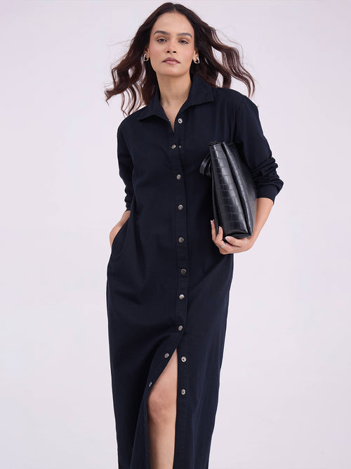 Black Denim Maxi Shirt Dress