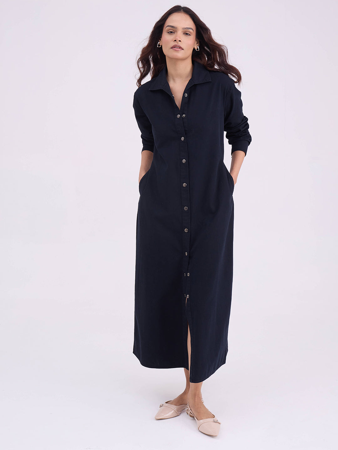 DenimClassic Black Maxi Shirt Dress