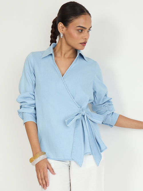 Light Blue Denim Wrap Top