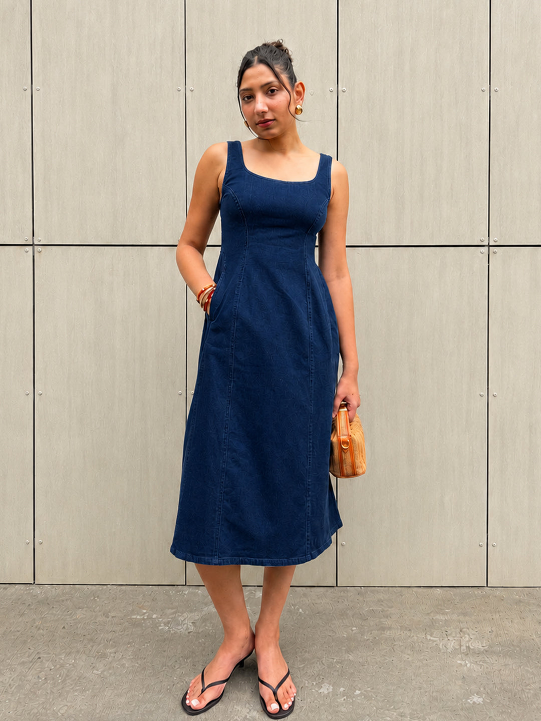 DenimStretch Navy Fit And Flare Midi Dress