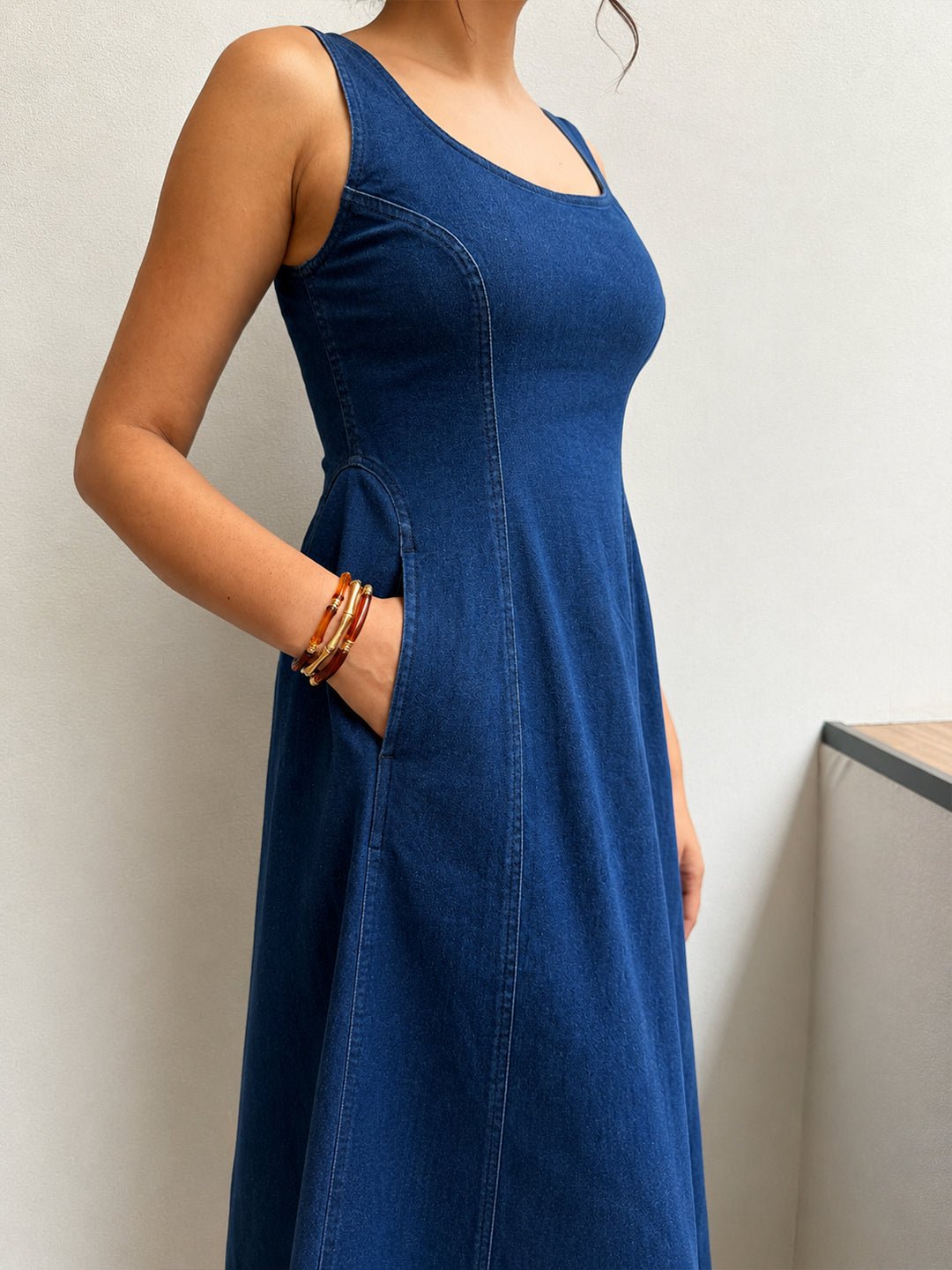 DenimStretch Navy Fit And Flare Midi Dress