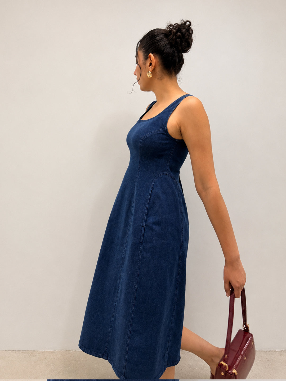 DenimStretch Navy Fit And Flare Midi Dress