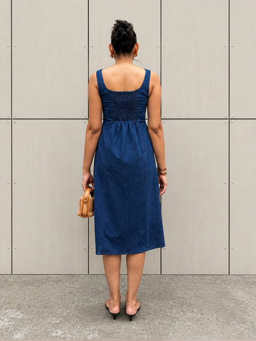 DenimStretch Navy Fit And Flare Midi Dress