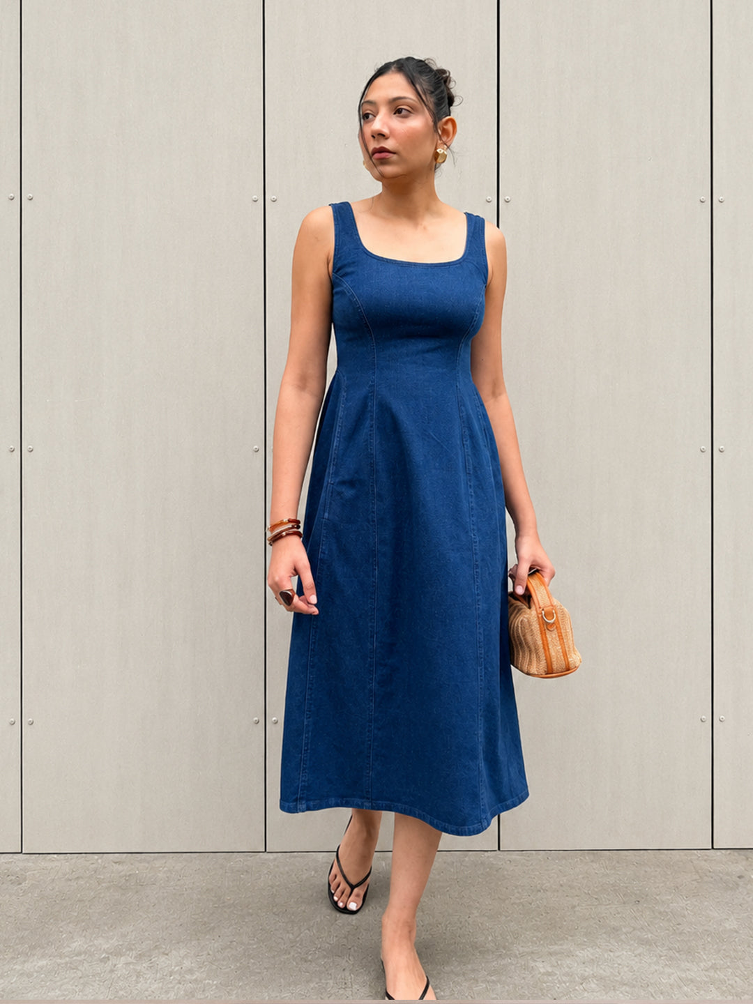 DenimStretch Navy Fit And Flare Midi Dress