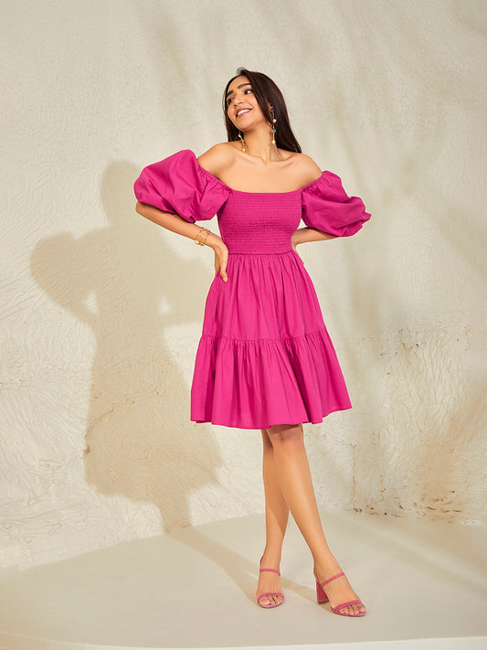 Pink Cotton Smocked Mini Tiered Dress