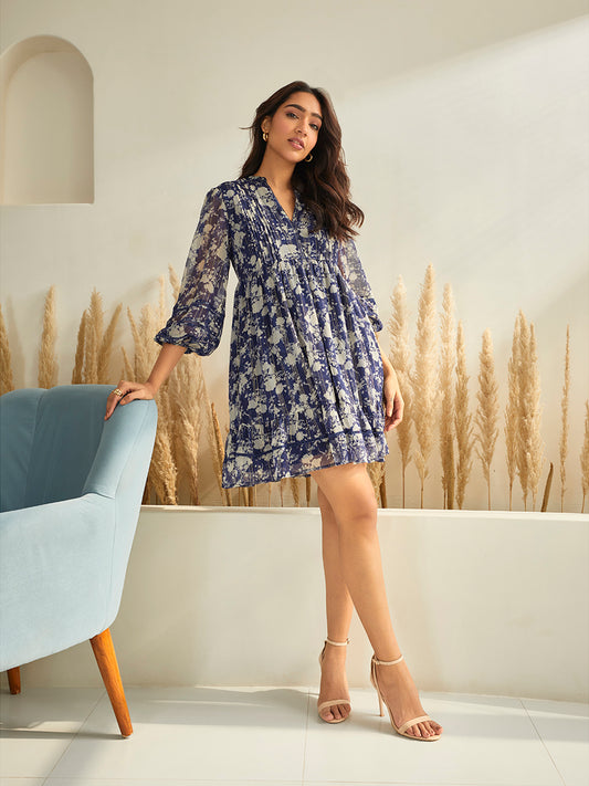Navy Floral Lurex Tiered Mini Dress