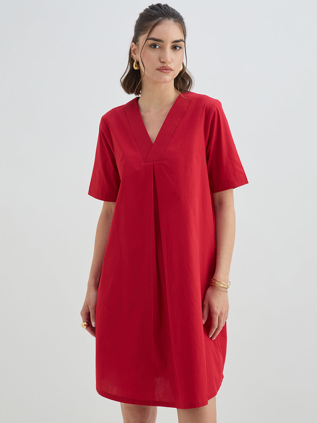 Red Poplin A-Line Knee Length Dress