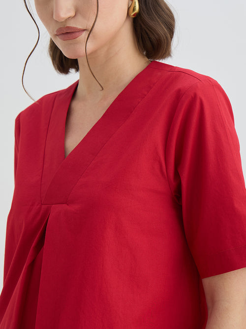 Red Poplin A-Line Knee Length Dress
