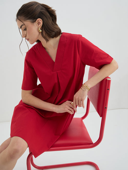 Red Poplin A-Line Knee Length Dress