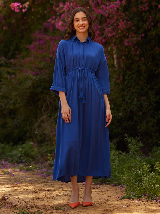 Blue Crinkled Shirt Maxi Dress
