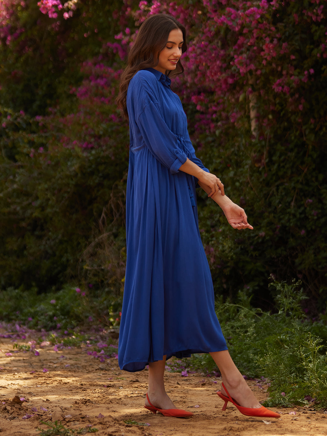 Blue Crinkled Shirt Maxi Dress