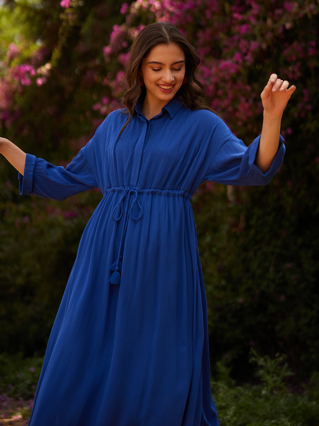 Blue Crinkled Shirt Maxi Dress