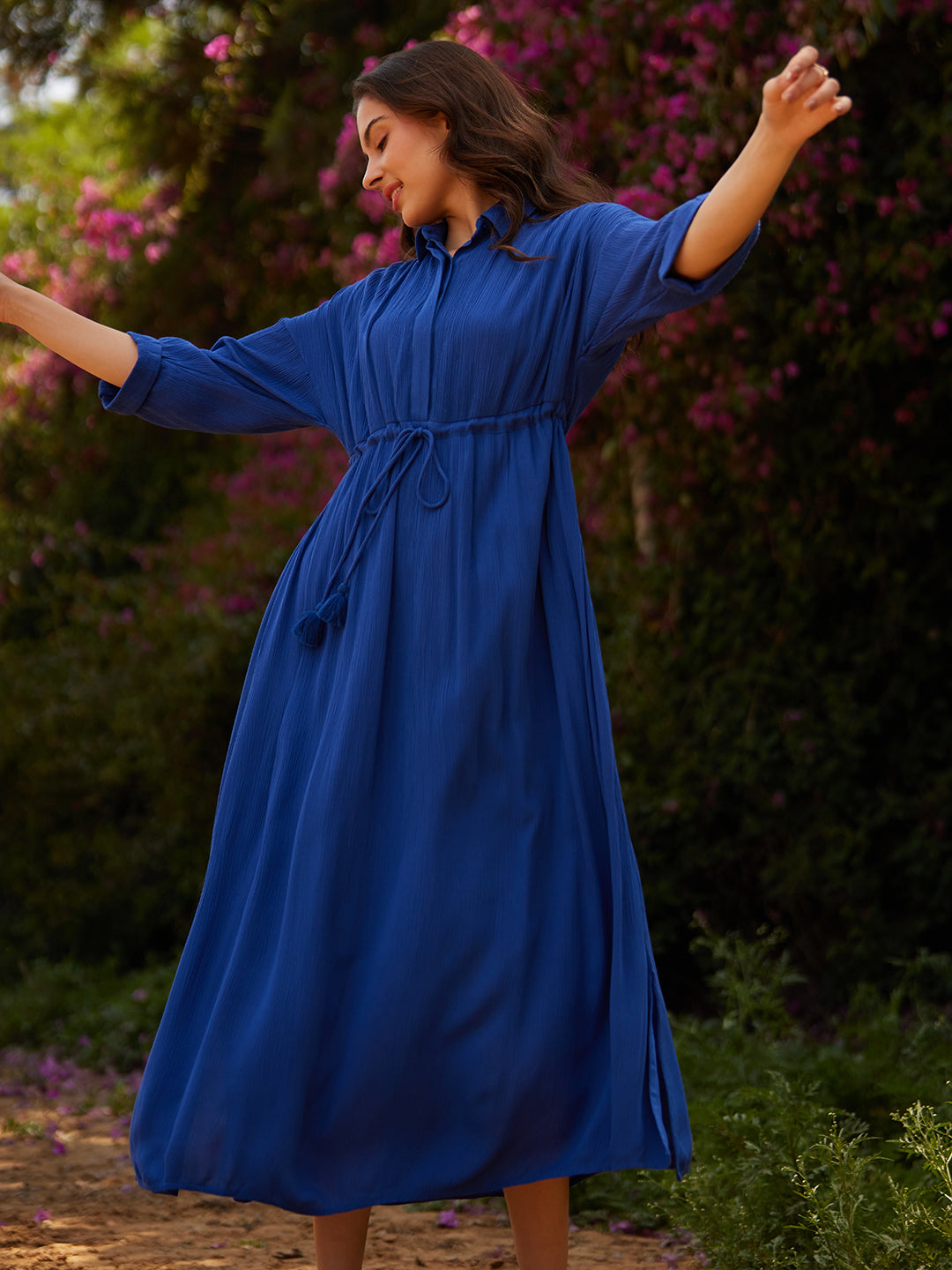 Blue Crinkled Shirt Maxi Dress