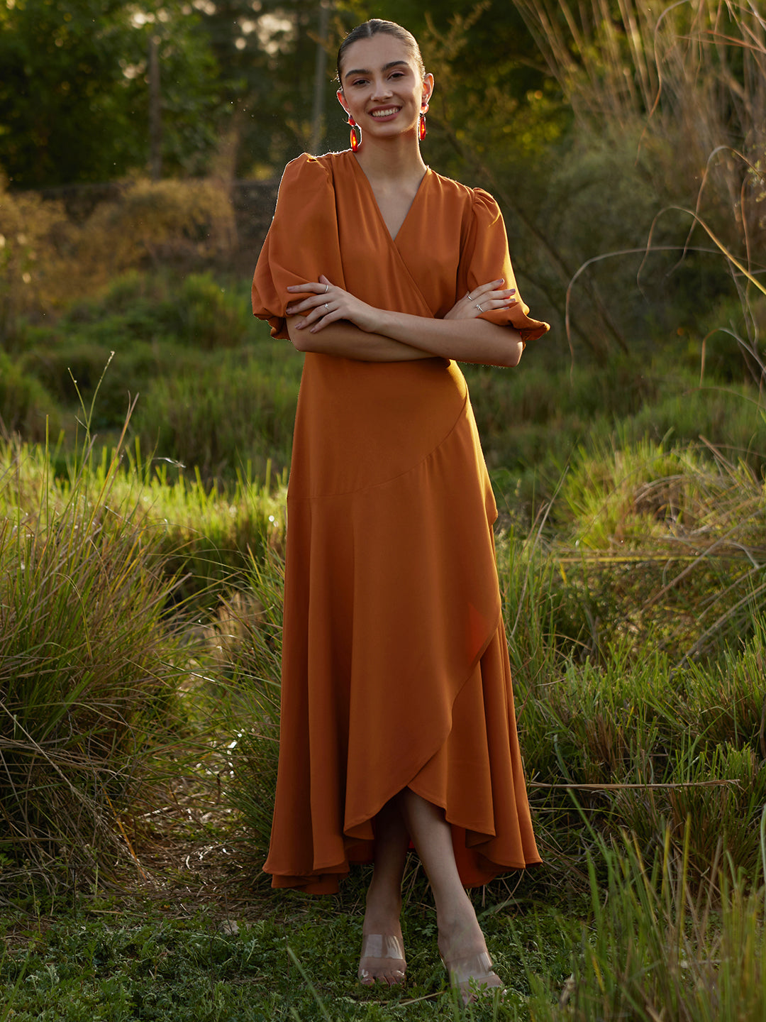Rust Wrap Ruffle Maxi Dress