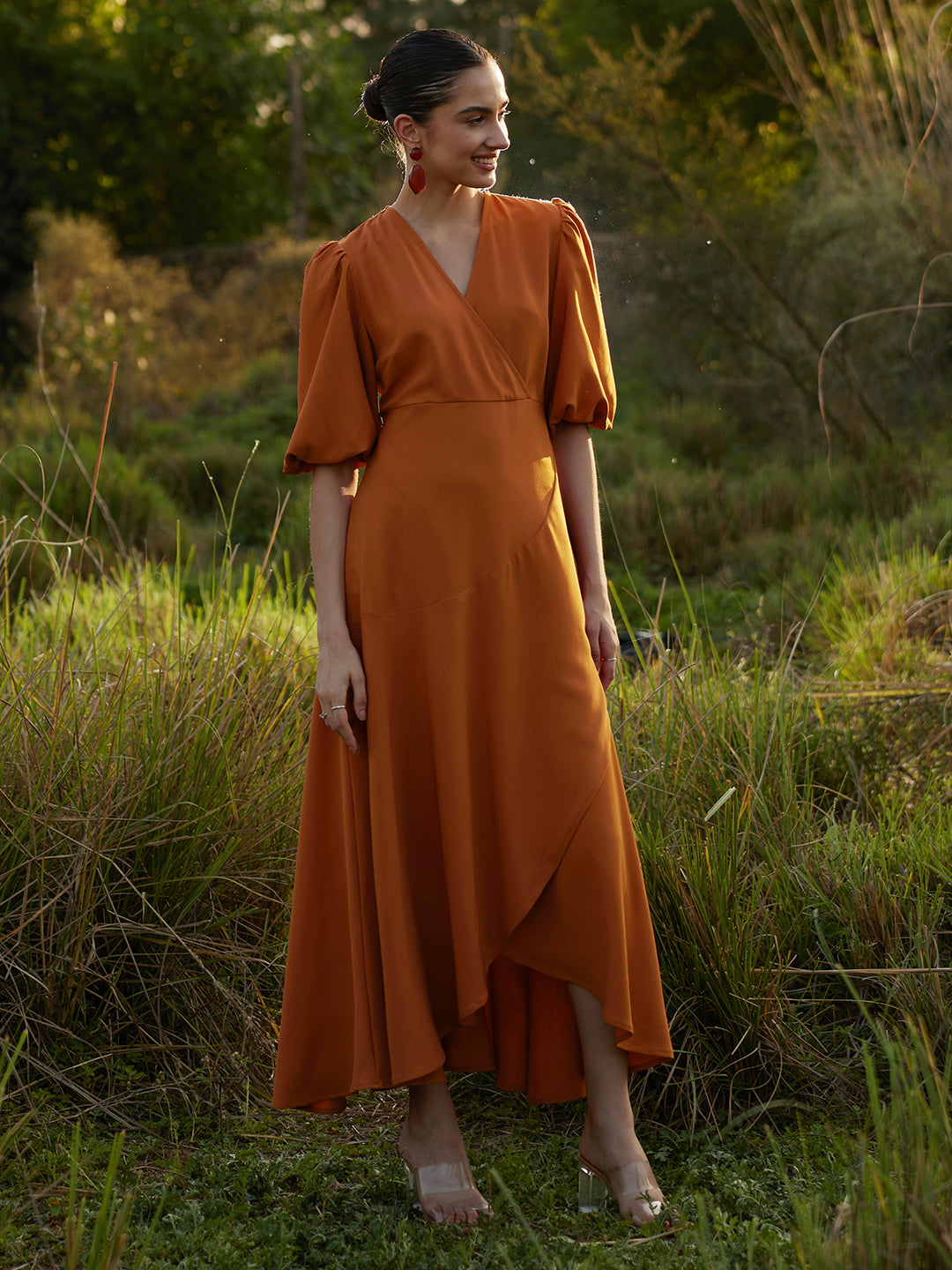 Rust Wrap Ruffle Maxi Dress
