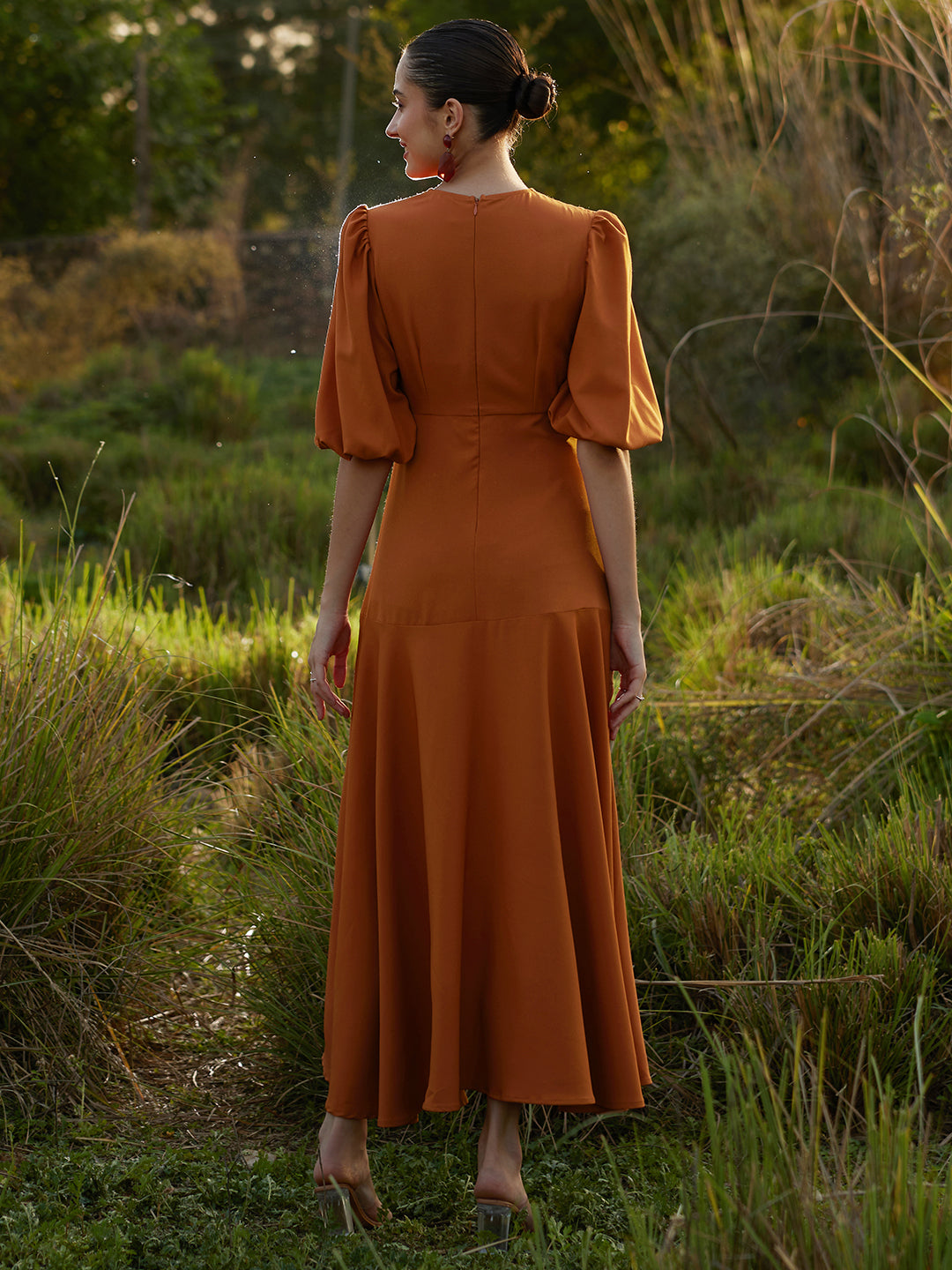 Rust Wrap Ruffle Maxi Dress