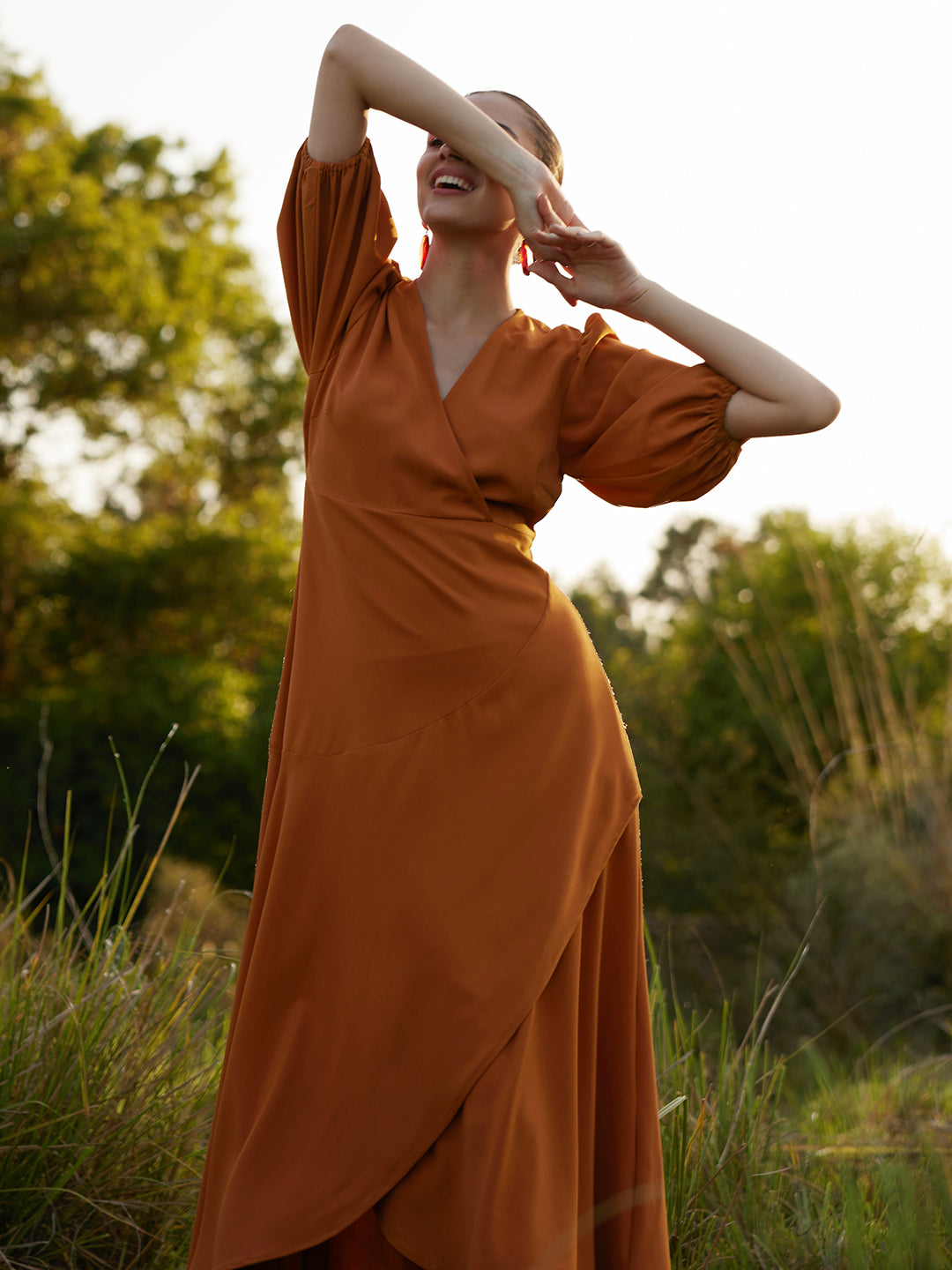 Rust Wrap Ruffle Maxi Dress