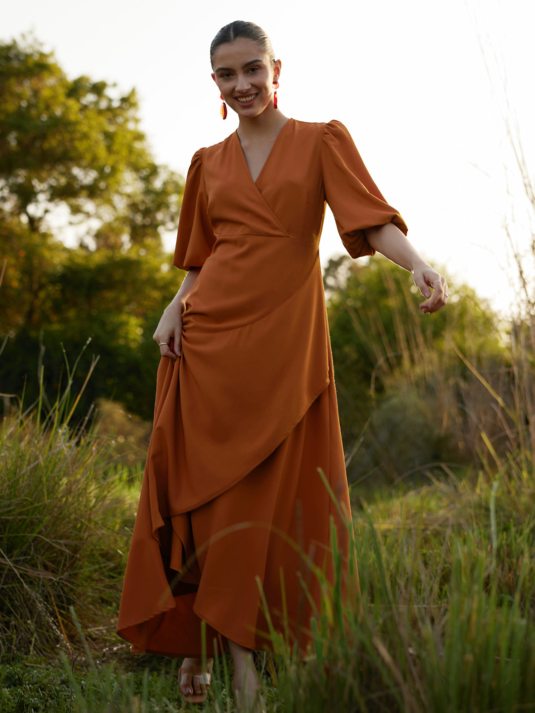Rust Wrap Ruffle Maxi Dress