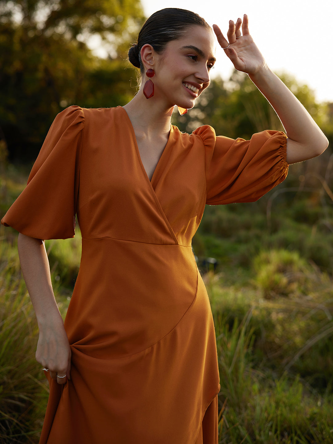 Rust Wrap Ruffle Maxi Dress