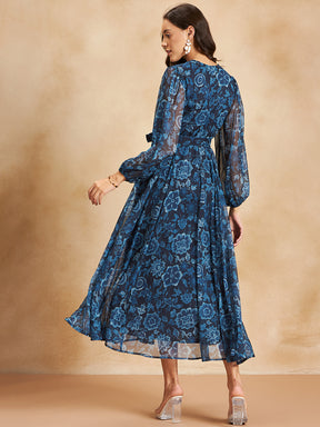 Navy Floral Printed Wrap Maxi Dress