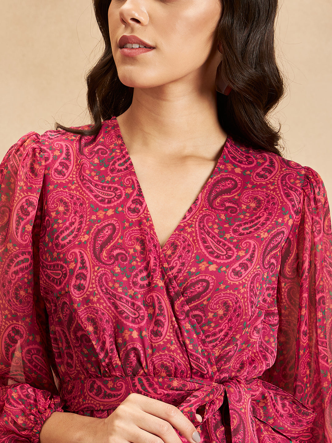 Pink Paisley Printed Dobby Wrap Maxi Dress