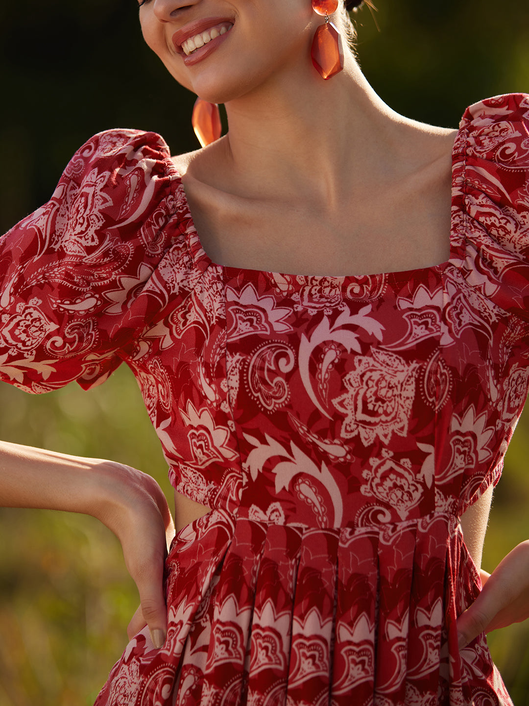 Red Paisley Cut Out Mini Dress