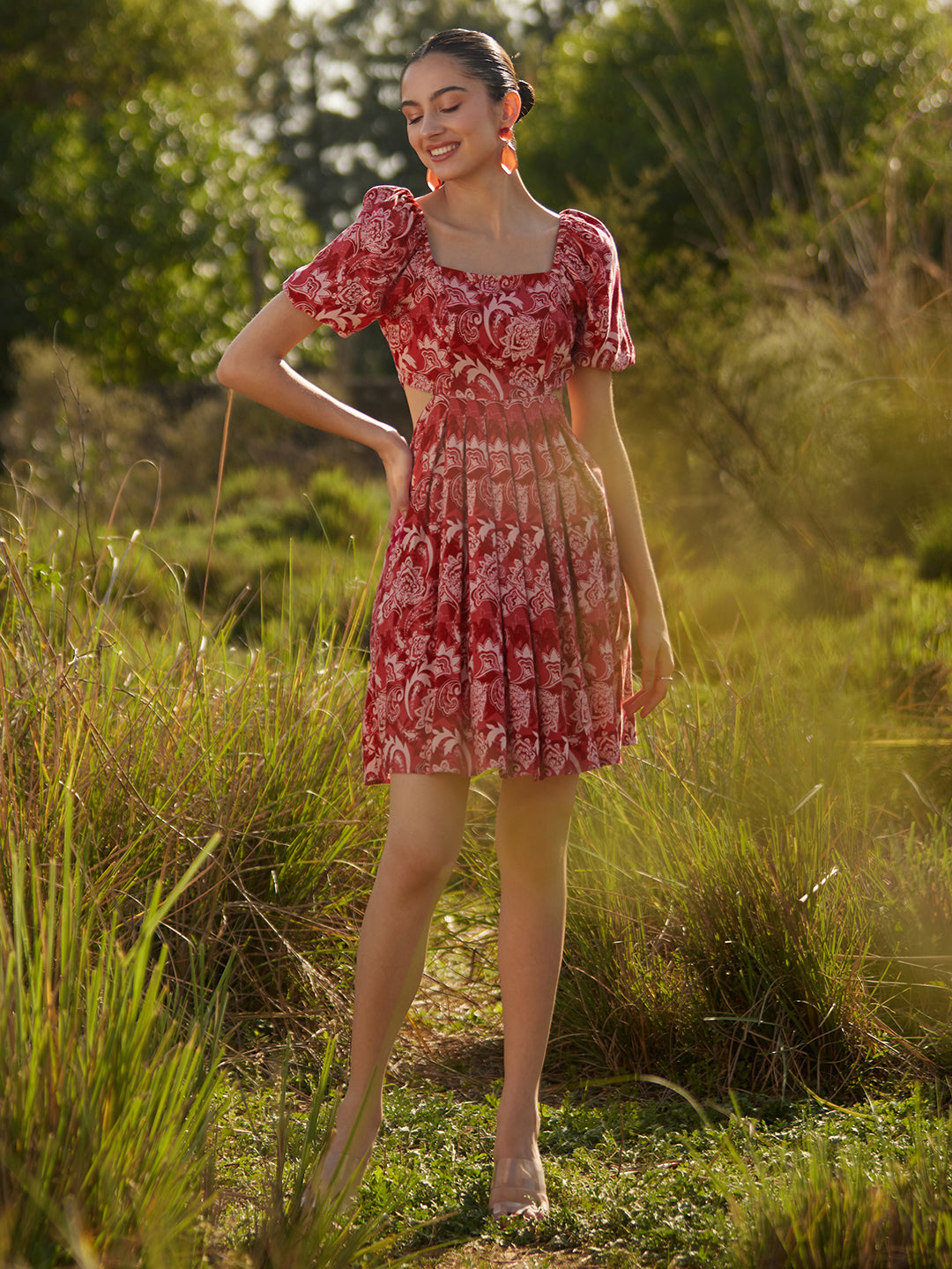 Red Paisley Cut Out Mini Dress
