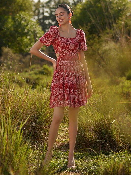 Red Paisley Cut Out Mini Dress