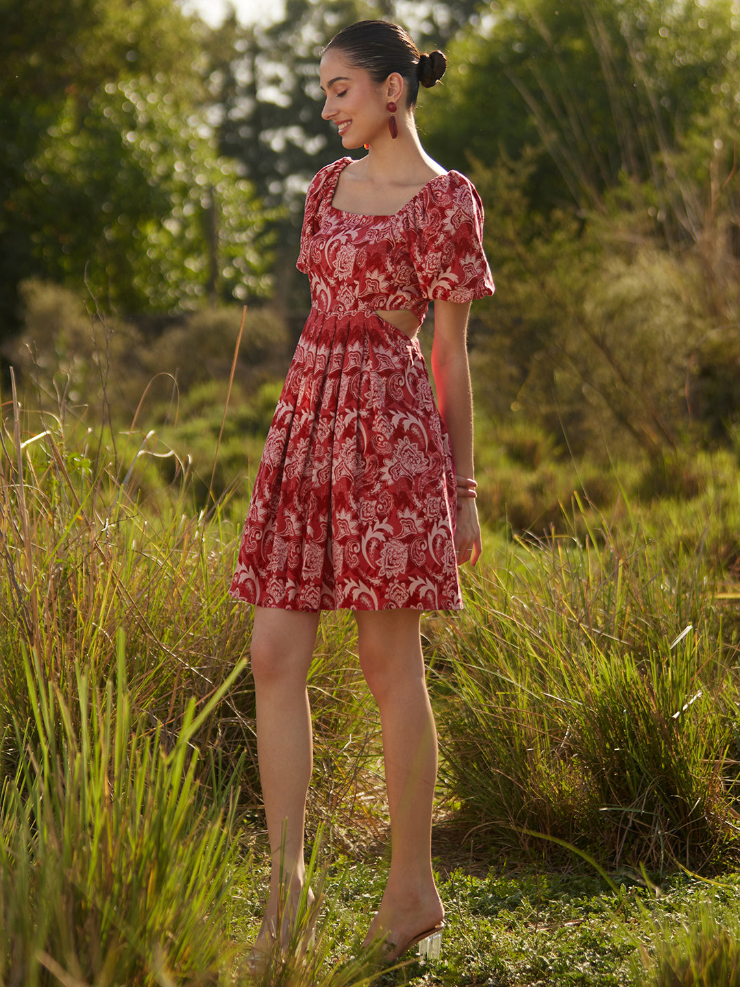 Red Paisley Cut Out Mini Dress