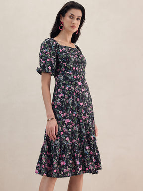 Black Floral Front Slit Midi Dress