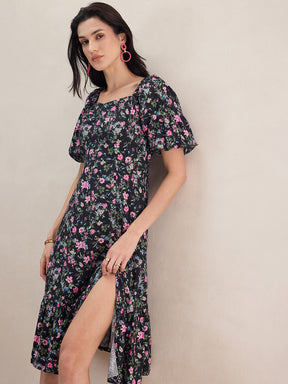 Black Floral Front Slit Midi Dress