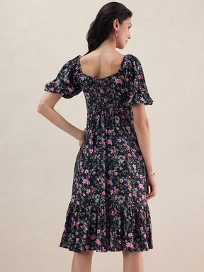 Black Floral Front Slit Midi Dress