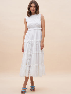 White Cotton Schiffli Tier Maxi Dress