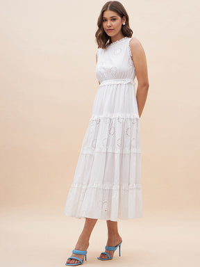 White Cotton Schiffli Tier Maxi Dress