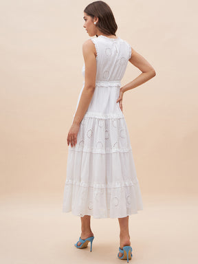 White Cotton Schiffli Tier Maxi Dress