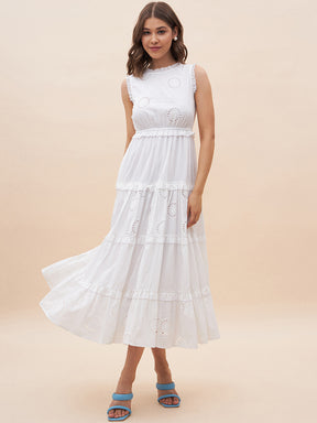 White Cotton Schiffli Tier Maxi Dress