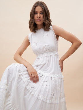 White Cotton Schiffli Tier Maxi Dress