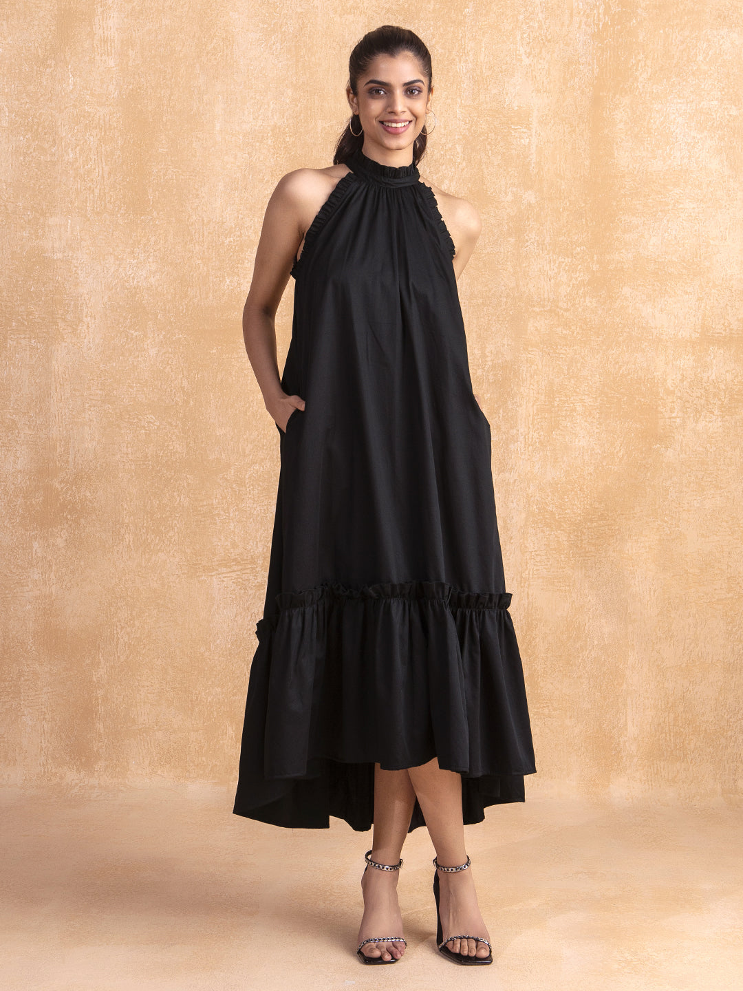 Black Cotton Tiered Maxi Dress